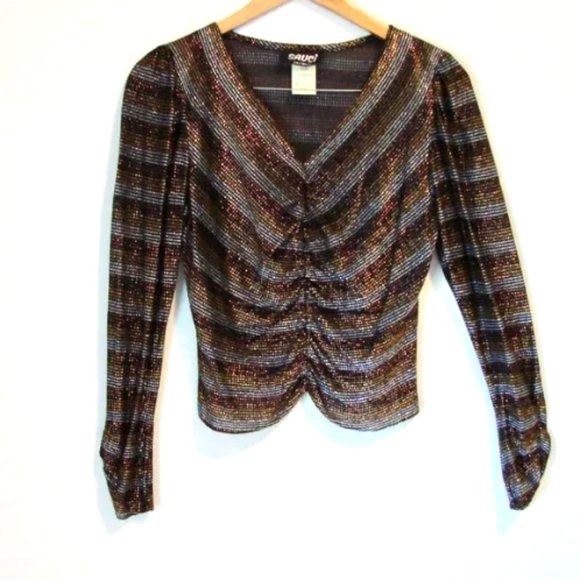 Vintage Tops - Vintage Metallic Top Shiny Sparkle Disco V-neck Ruched Top Holiday Party Medium